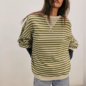 Free People Olive and Cream Striped Sweatshirt -M